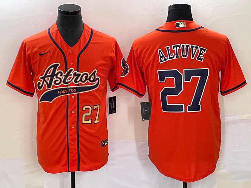 Men%27s Houston Astros #27 Jose Altuve Number Orange With Patch Cool Base Stitched Baseball Jersey